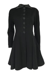 1990s Christian Dior Black Full Skirted Skater Coat W Satin Collar & Buttons