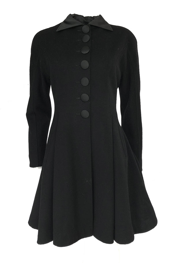 1990s Christian Dior Black Full Skirted Skater Coat W Satin Collar & Buttons