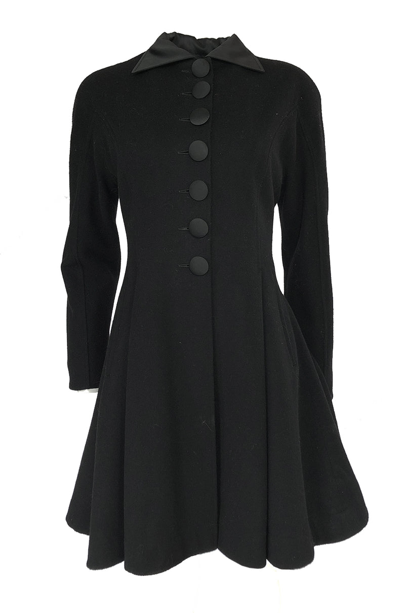 1990s Christian Dior Black Full Skirted Skater Coat W Satin Collar & Buttons