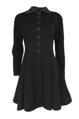 1990s Christian Dior Black Full Skirted Skater Coat W Satin Collar & Buttons