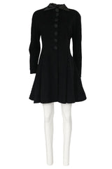 1990s Christian Dior Black Full Skirted Skater Coat W Satin Collar & Buttons