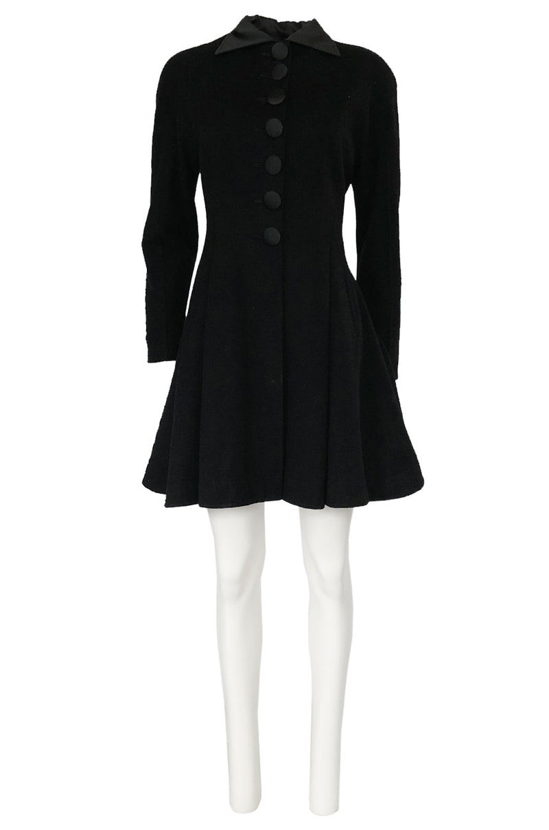 1990s Christian Dior Black Full Skirted Skater Coat W Satin Collar & Buttons