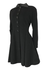 1990s Christian Dior Black Full Skirted Skater Coat W Satin Collar & Buttons
