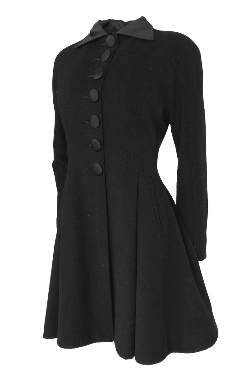 1990s Christian Dior Black Full Skirted Skater Coat W Satin Collar & Buttons