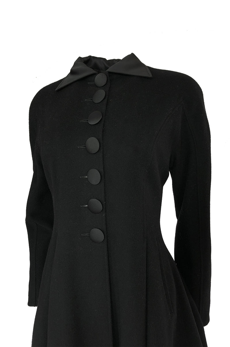 1990s Christian Dior Black Full Skirted Skater Coat W Satin Collar & Buttons