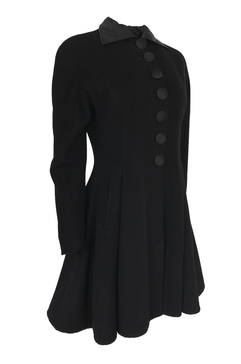 1990s Christian Dior Black Full Skirted Skater Coat W Satin Collar & Buttons