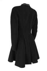 1990s Christian Dior Black Full Skirted Skater Coat W Satin Collar & Buttons
