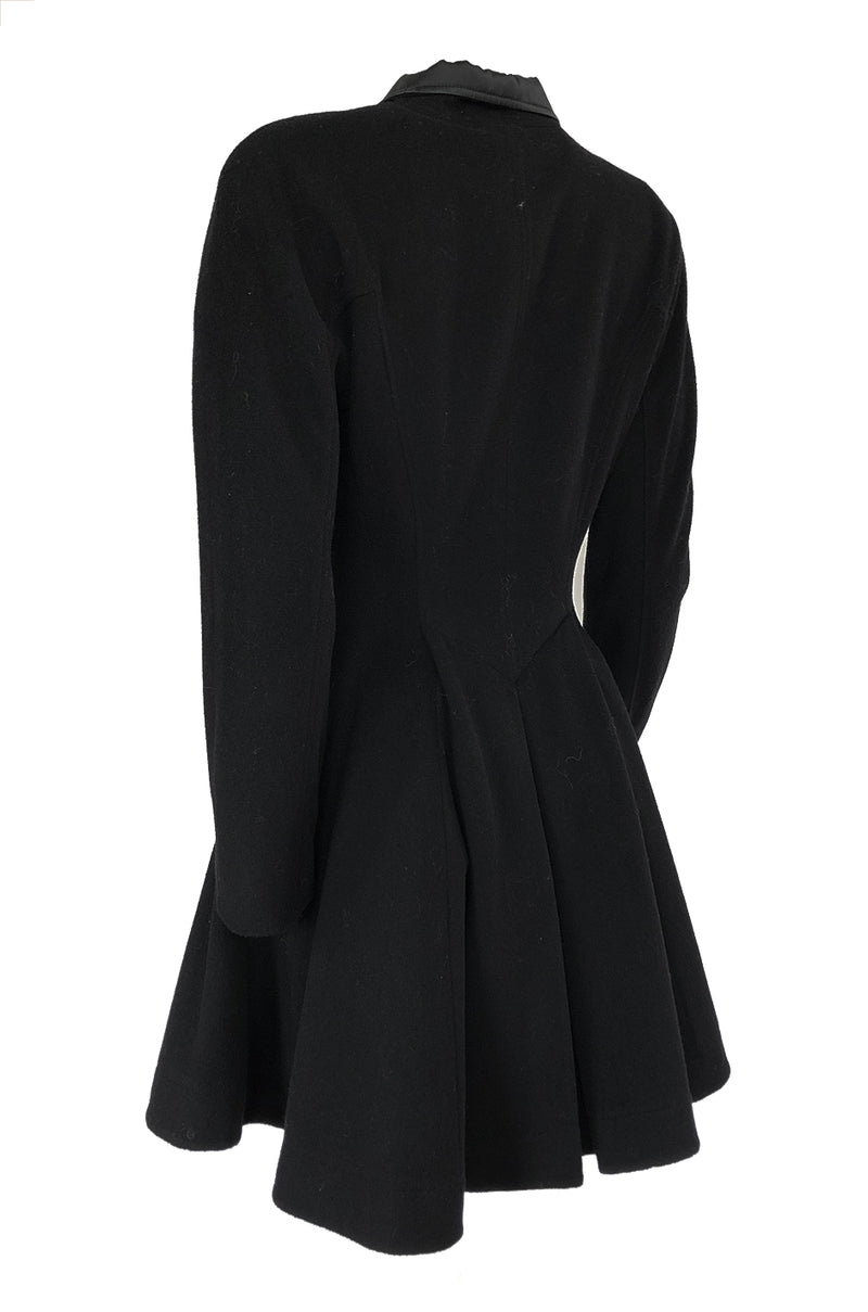 1990s Christian Dior Black Full Skirted Skater Coat W Satin Collar & Buttons