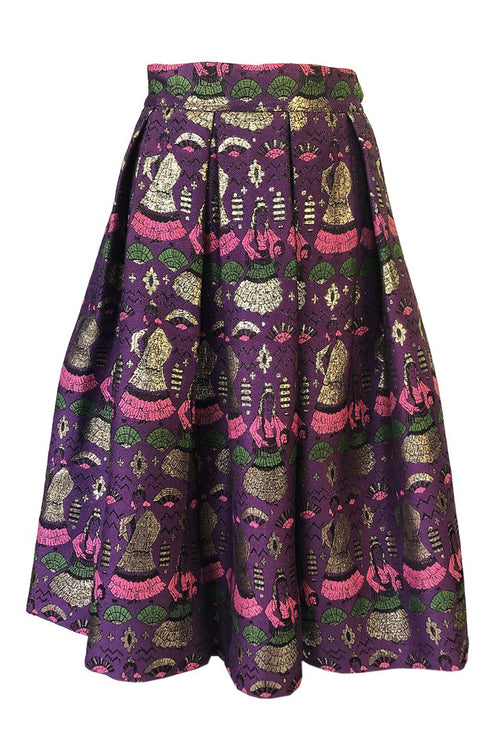 1950s Saks Fifth Avenue Purple & Gold Metallic Silk Brocade Novelty Skirt
