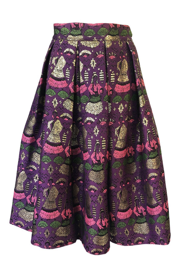1950s Saks Fifth Avenue Purple & Gold Metallic Silk Brocade Novelty Skirt