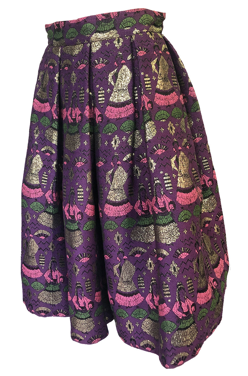 1950s Saks Fifth Avenue Purple & Gold Metallic Silk Brocade Novelty Skirt