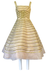 1950s Ceil Chapman Basket Weave Velvet Floral Ribbon Silk Organza Dress