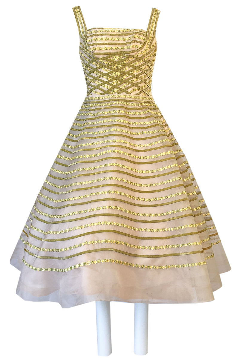 1950s Ceil Chapman Basket Weave Velvet Floral Ribbon Silk Organza Dres Shrimpton Couture 1950s Ceil Chapman Basket Weave Velvet Floral Ribbon Silk Organza Dres Shrimpton Couture