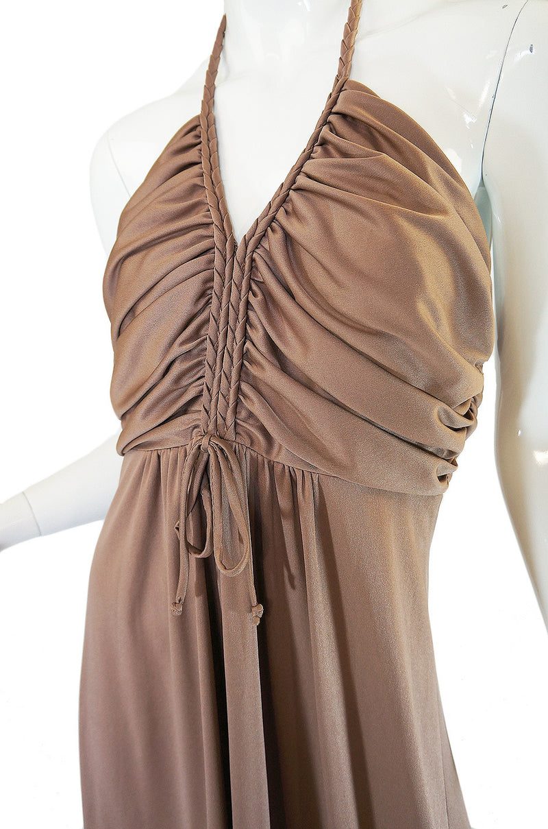 1970s Taupe Jersey Halter Maxi Dress