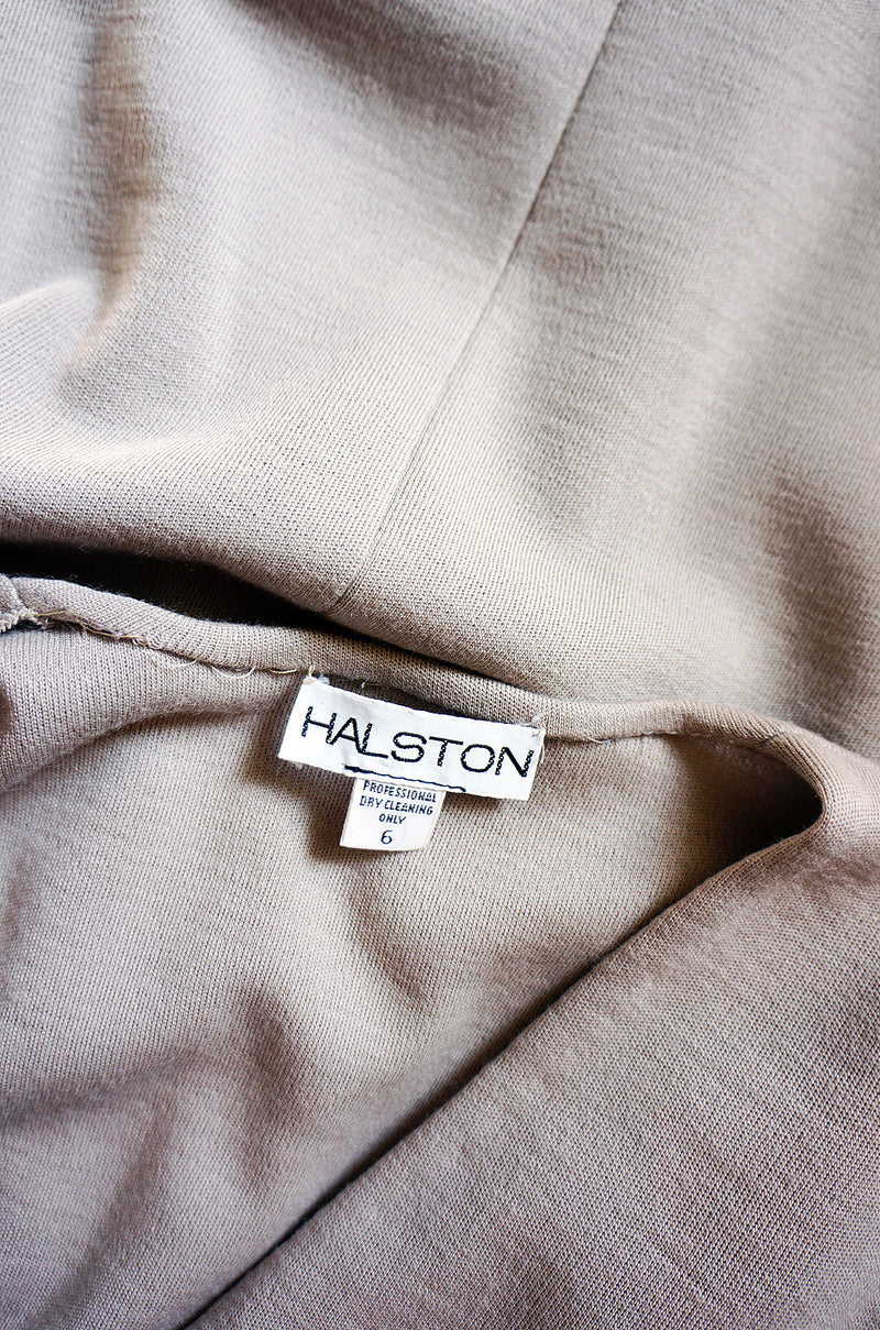 1970s Taupe Grey Plunge Halston Dress