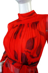 1970s Printed Red Silk Chiffon Set