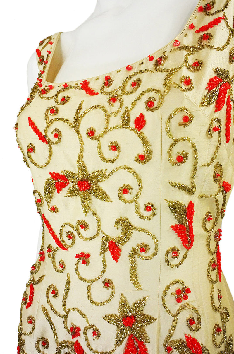 1950s Hand Beaded Silk Column Gown