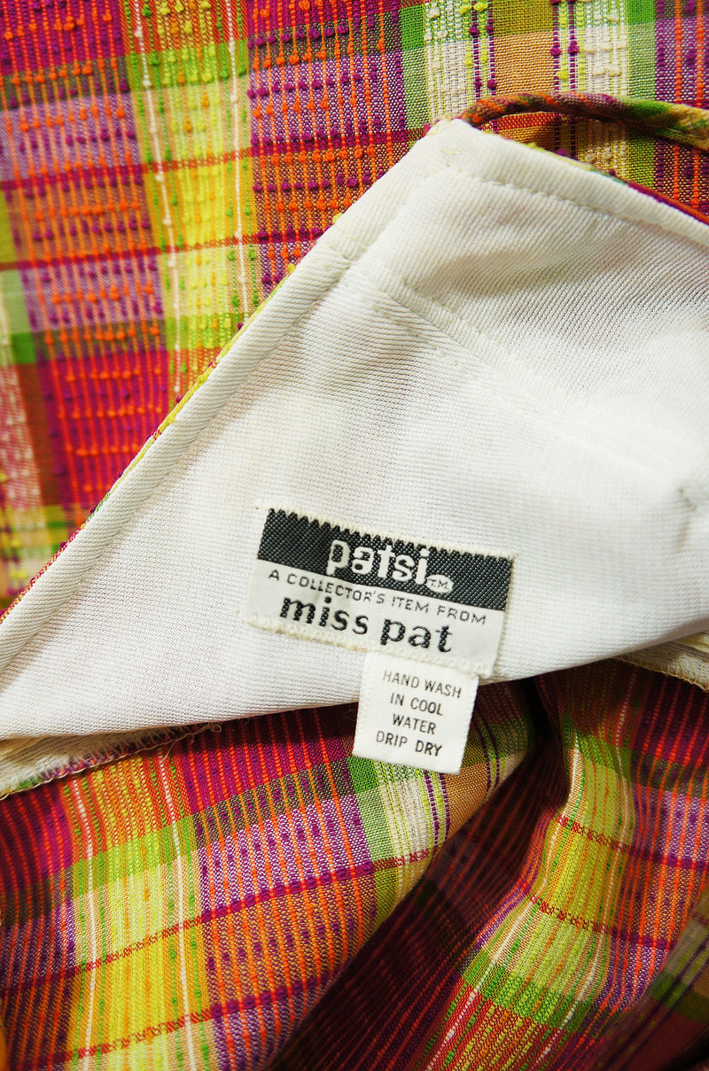 1970s Gingham Print Lace Front Halter Maxi Dress