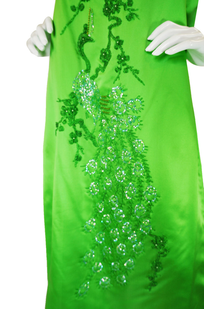 1960s Vibrant Emerald Beaded Silk Gown
