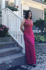 1960s Malcolm Starr Vibrant Pink Silk Satin Dress w Beaded Bodice