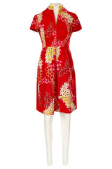1970s Malcolm Starr Cherry Red Floral Print Dress w Rhinestone Detailing
