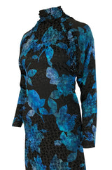 1970s James Galanos Backless Blue Floral Print Ruffled Silk Dress