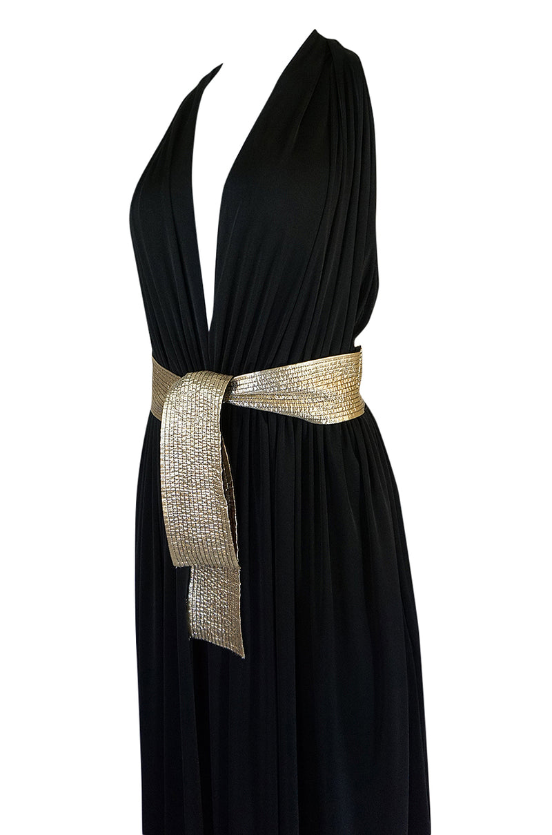 Documented 1980 Bill Tice Plunge Black & Gold Backless Halter Dress