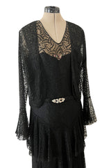 Light as Air Late 1920s Unlabeled Fine Black Lace Dress w Matching Jacket & Rhinestone BuckleBelt