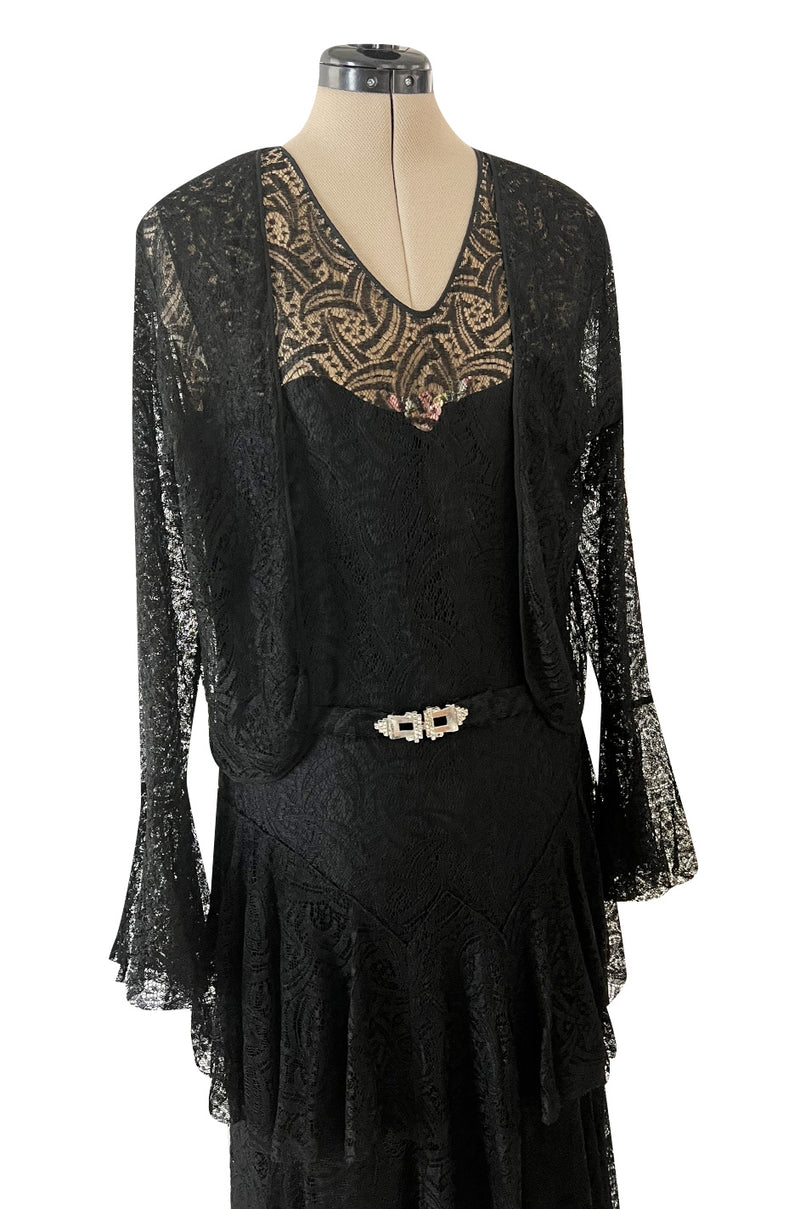 Light as Air Late 1920s Unlabeled Fine Black Lace Dress w Matching Jacket & Rhinestone BuckleBelt