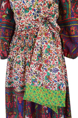 1960s Richilene Off Shoulder Pouf Sleeve Bohemian Printed Silk Dress