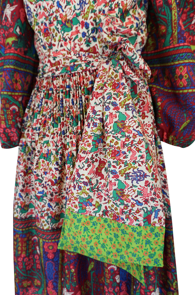 1960s Richilene Off Shoulder Pouf Sleeve Bohemian Printed Silk Dress