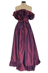 1970s Victor Costa Iridescent Deep Burgundy Purple Silk Taffeta Dress with Strapless Ruffled Neckline
