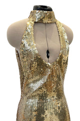 Rare Spring 1973 Loris Azzaro Ad Campaign Documented Gold Metallic Sequin Backless Halter Dress