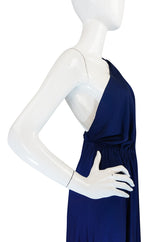 1970s Saks Youth Dimension Backless Jersey One Shoulder Blue Dress
