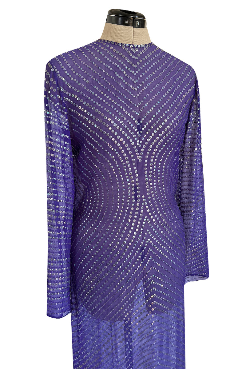 Incredible Late 1970s Halston Purple Transparent Silk Chiffon Dress w Iridescent Sequins