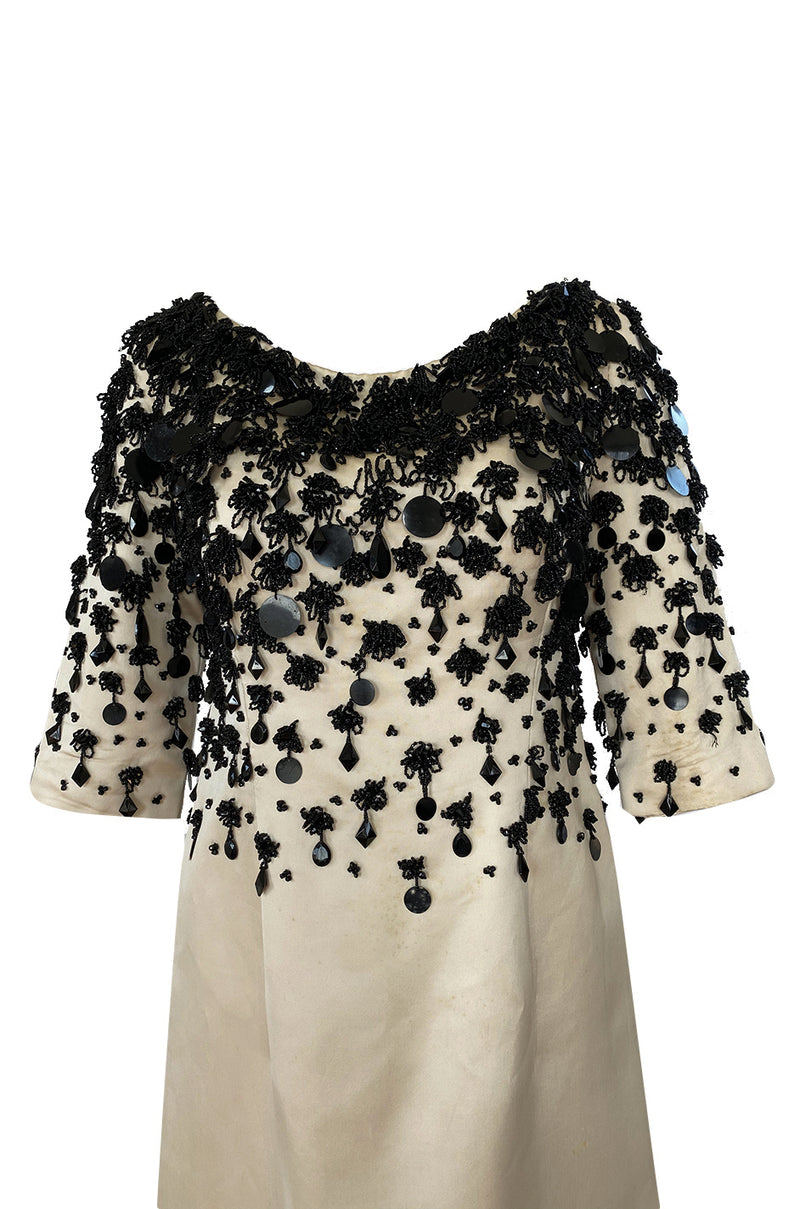 1960s Guy Laroche Haute Couture Embellished Beadwork Ivory Silk Dress
