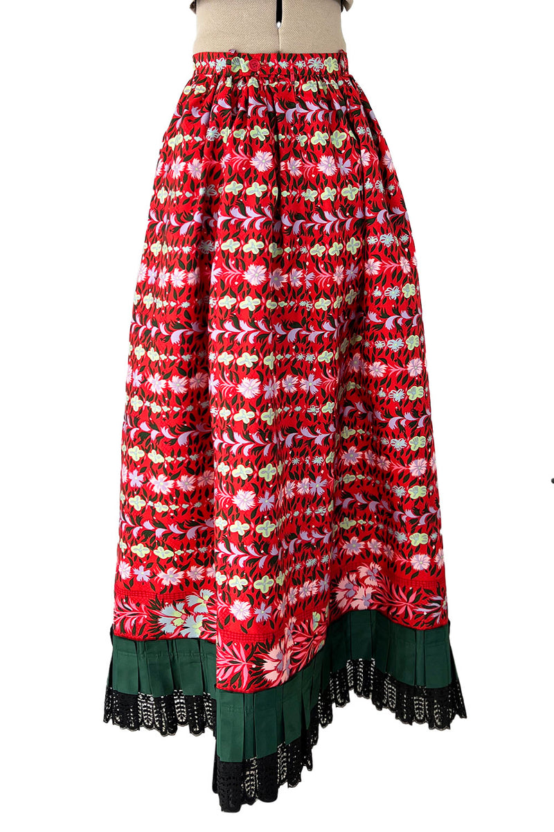 Early 1970s Lanvin by Jules-Francois Crahay Demi-Couture Printed Red Silk Skirt w Green & Lace Edging