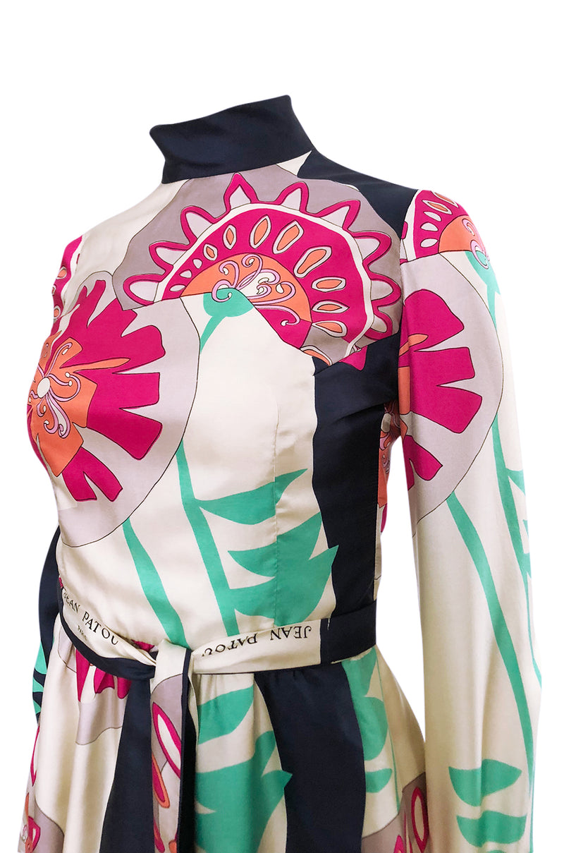 1960s Jean Patou Couture Signed Scarf Print Silk Twill Mini Dress