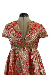 Stunning 1960s Malcolm Starr Light Silk Brocade Coral Red & Gold Metallic Thread Dress