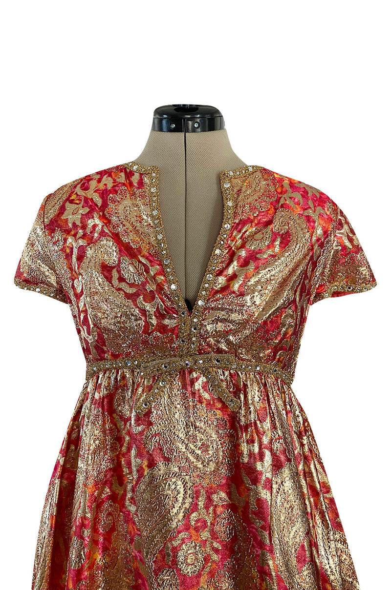 Stunning 1960s Malcolm Starr Light Silk Brocade Coral Red & Gold Metallic Thread Dress