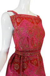 Unusual 1960s Backless Pink & Gold Metallic Brocade Dress