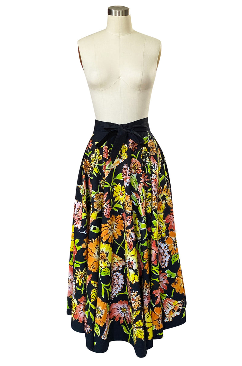 1960s Hand Painted Sequin Bright Floral Print Cotton Mexican Skirt