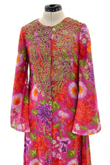 Beautiful & Rare Early 1960s Thea Porter Floral Print Coat Caftan Dress w Antique Cord Detailing