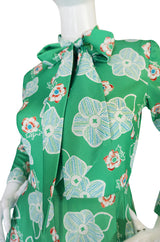 1970s Apple Green Print Washable Jersey Secretary Dress