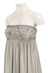 Spring 2006 Reem Acra Pale Grey Silk Chiffon Silver Rhinestone Beaded High Bodice Dress