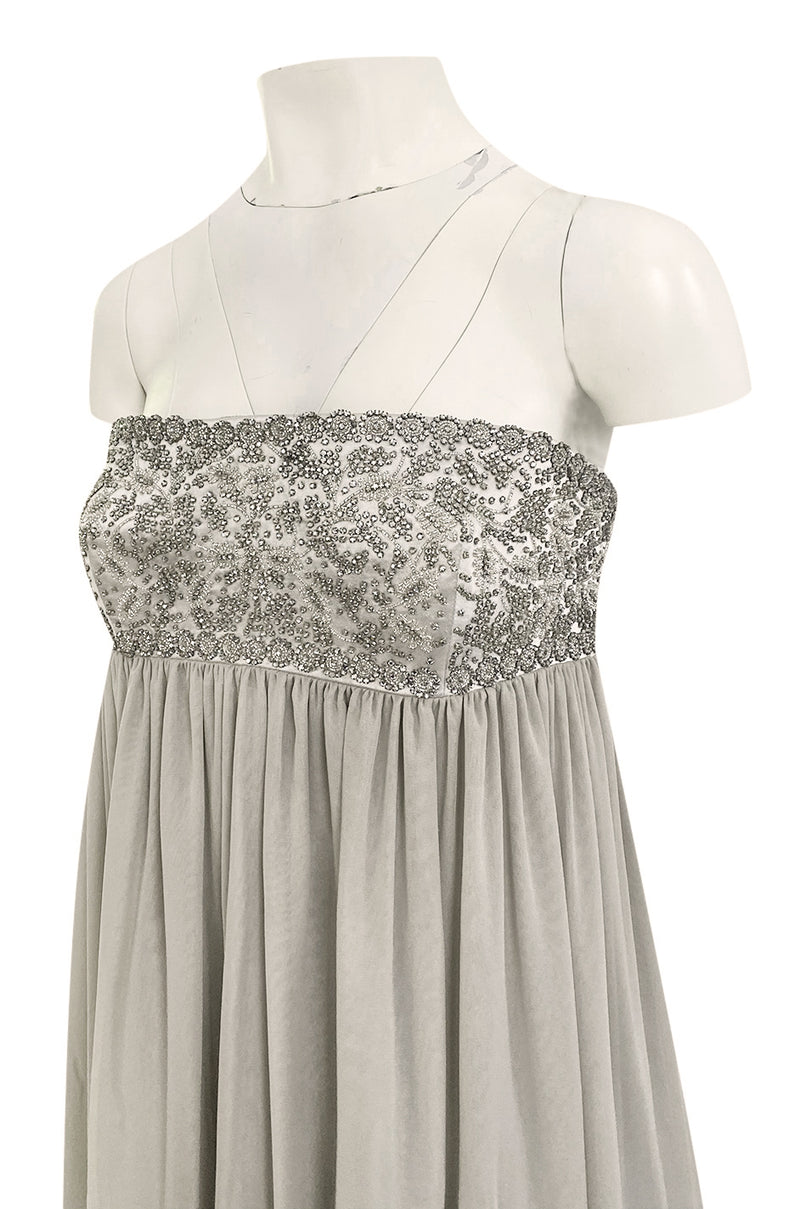 Spring 2006 Reem Acra Pale Grey Silk Chiffon Silver Rhinestone Beaded High Bodice Dress