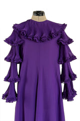 Unusual 1970s Miss Dior Purple Silk Chiffon Tiered & Pleated Sleeve Caftan Dress