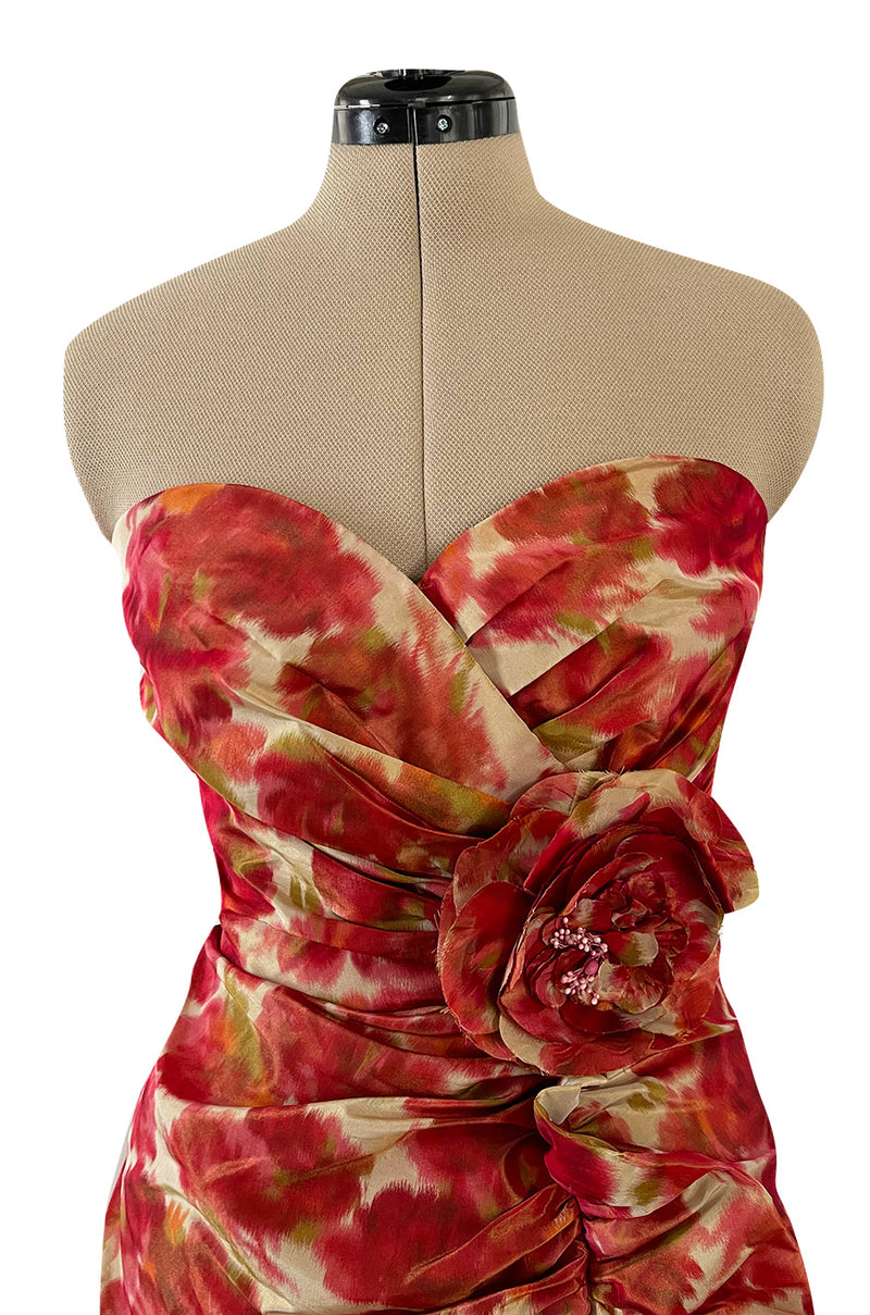 1980s Henri Bendel Washed Floral Silk Taffeta Ruffle Dres w Flower Accent at the Waist