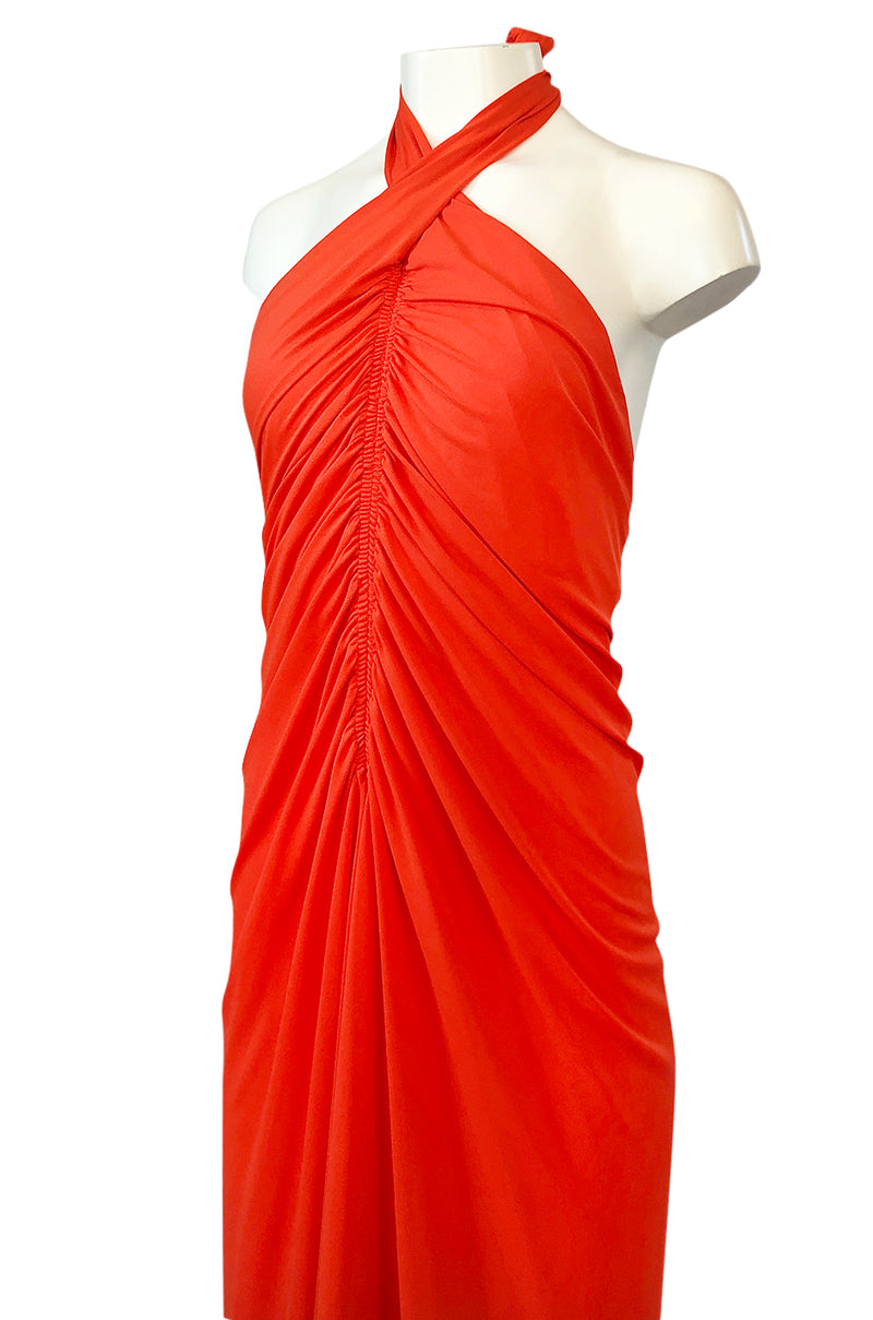 1970s Frank Usher Gathered Halter Backless Coral Jersey Dress Shrimpton Couture 1970s Frank Usher Gathered Halter Backless Coral Jersey Dress Shrimpton Couture
