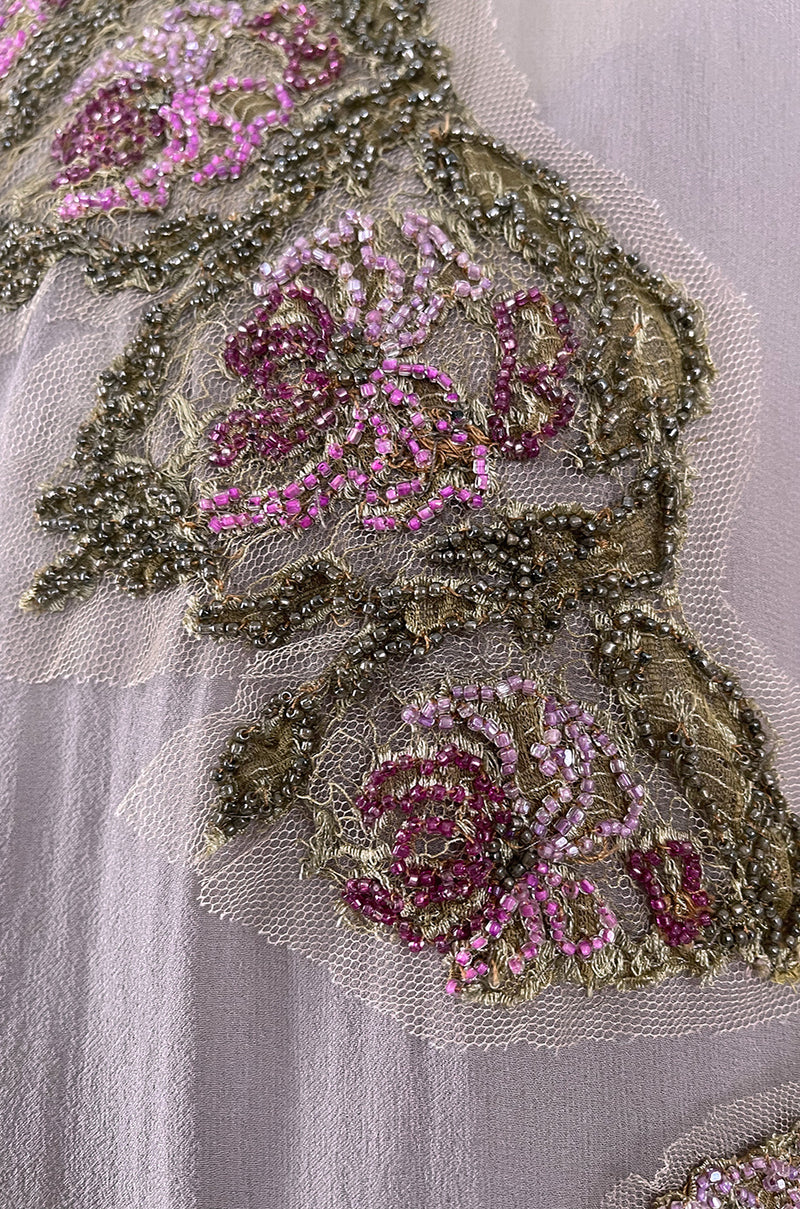 Wonderful Upcycled Vintage Silk Chiffon Top in Lavender w Hand Applied 1920s Detailing
